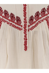 Isabel Marant Étoile women’s Juline organic cotton blouse beige with intricate red embroidery on neckline and front placket