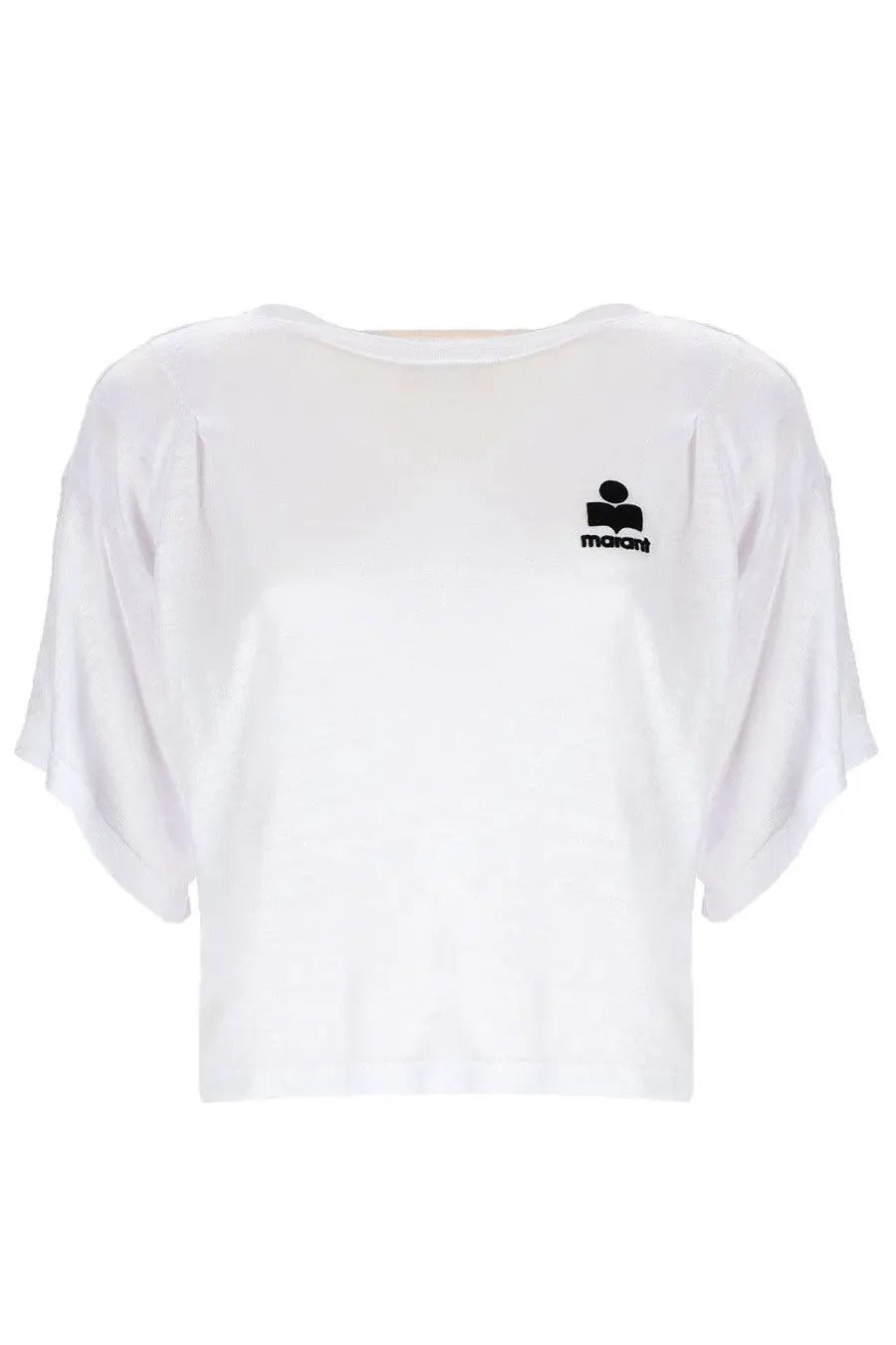 Isabel Marant Étoile white cropped tee with loose batwing sleeves and black embroidered logo on left chest