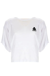 Isabel Marant Étoile white cropped tee with loose batwing sleeves and black embroidered logo on left chest
