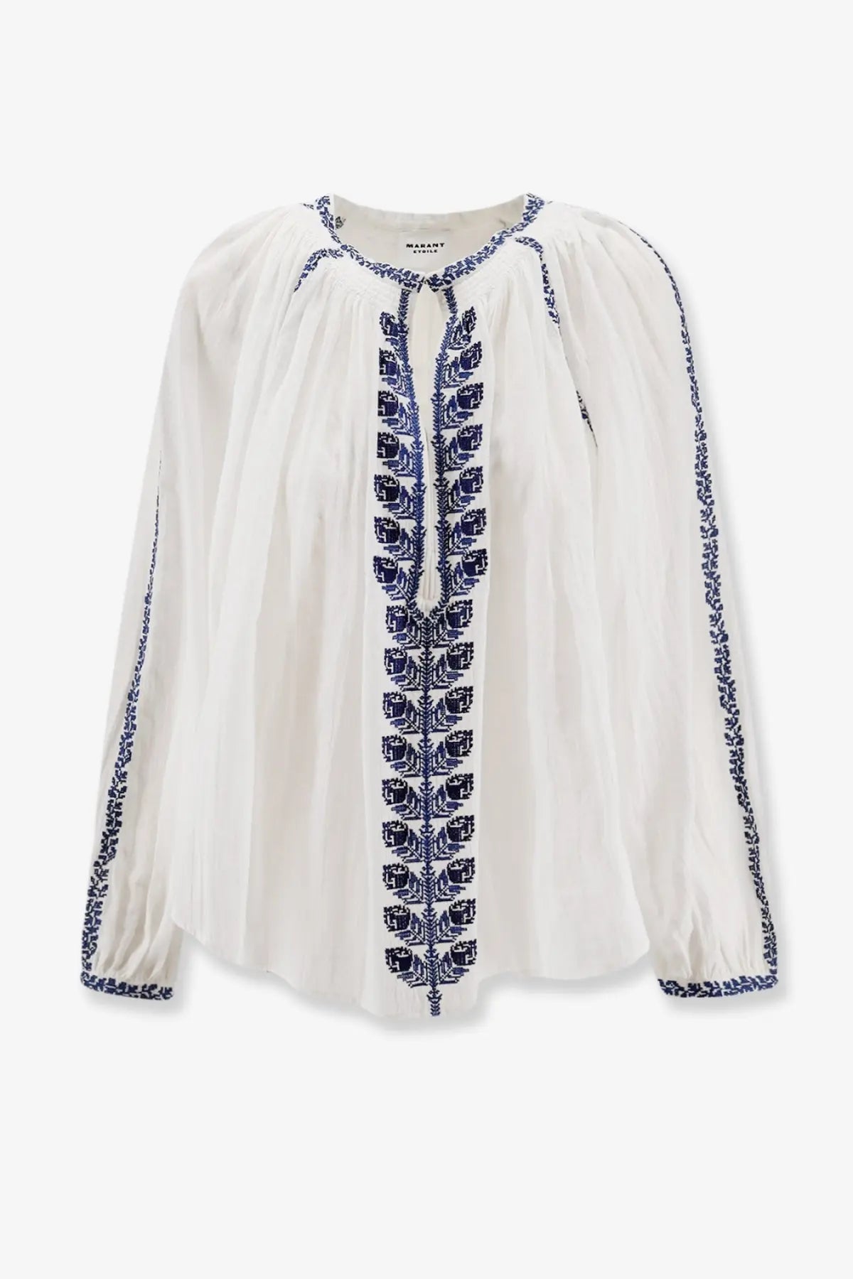 Isabel Marant Étoile women’s white organic cotton blouse with navy blue floral embroidery on front placket sleeves and hem