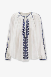 Isabel Marant Étoile women’s white organic cotton blouse with navy blue floral embroidery on front placket sleeves and hem