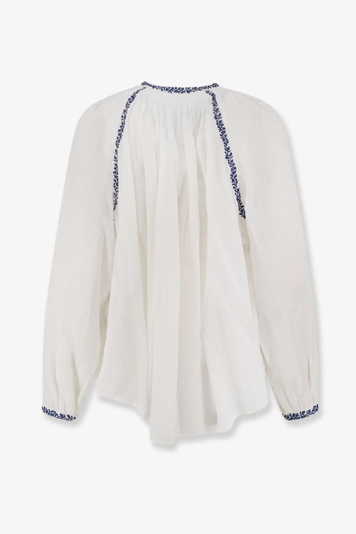 Isabel Marant Étoile women’s Lena organic cotton off-white blouse with navy blue floral embroidery on neckline and cuffs