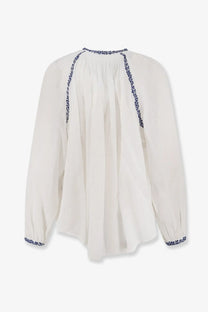 Isabel Marant Étoile women’s Lena organic cotton off-white blouse with navy blue floral embroidery on neckline and cuffs