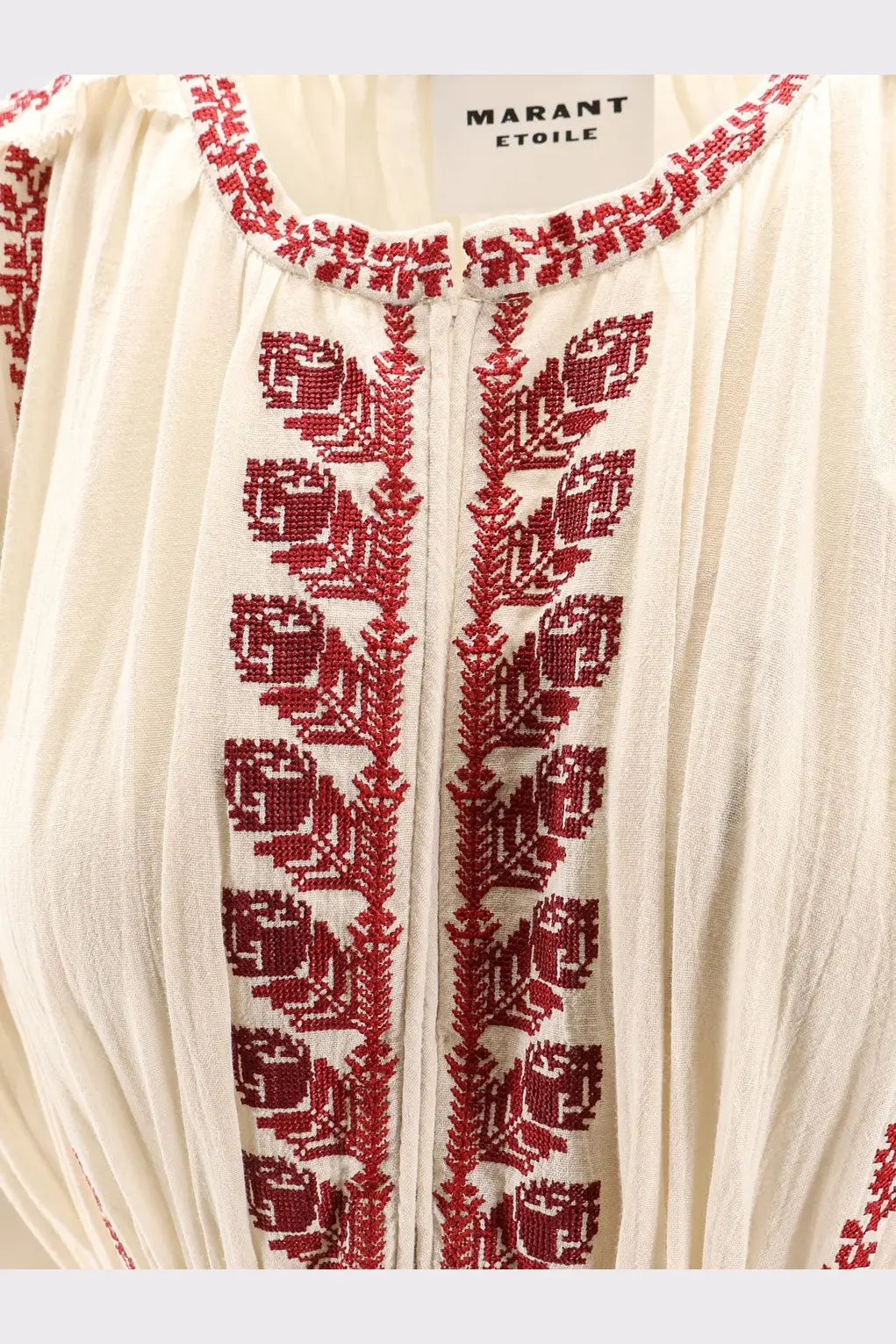 Isabel Marant Étoile women’s liviane long dress beige with cream blouse featuring red embroidered floral patterns and textured fabric