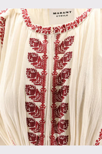 Isabel Marant Étoile women’s liviane long dress beige with cream blouse featuring red embroidered floral patterns and textured fabric
