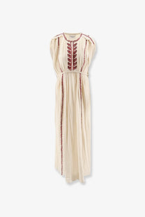 Isabel Marant Étoile women’s Liviane long cream maxi dress with red embroidery along neckline and front seams
