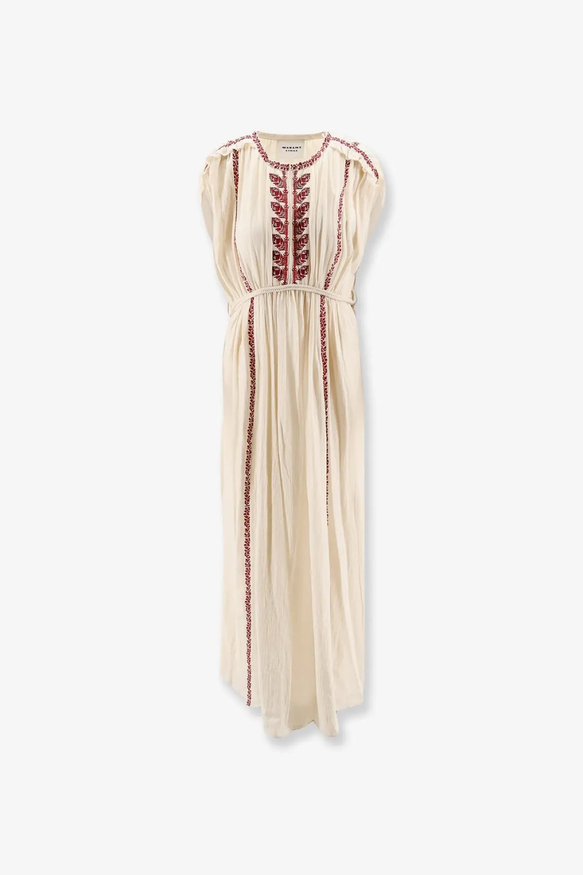 Cream-colored isabel marant étoile women’s liviane long dress with red embroidered detailing along neckline and seams