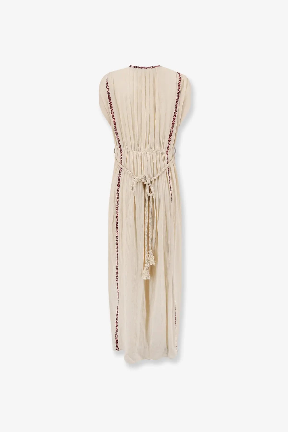 Beige pleated Isabel Marant Étoile womens Liviane long dress with red embroidered trim and tied tassel waistband