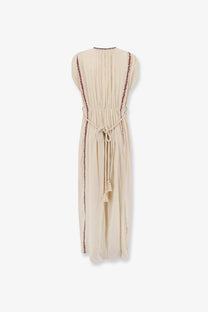 Beige pleated Isabel Marant Étoile womens Liviane long dress with red embroidered trim and tied tassel waistband