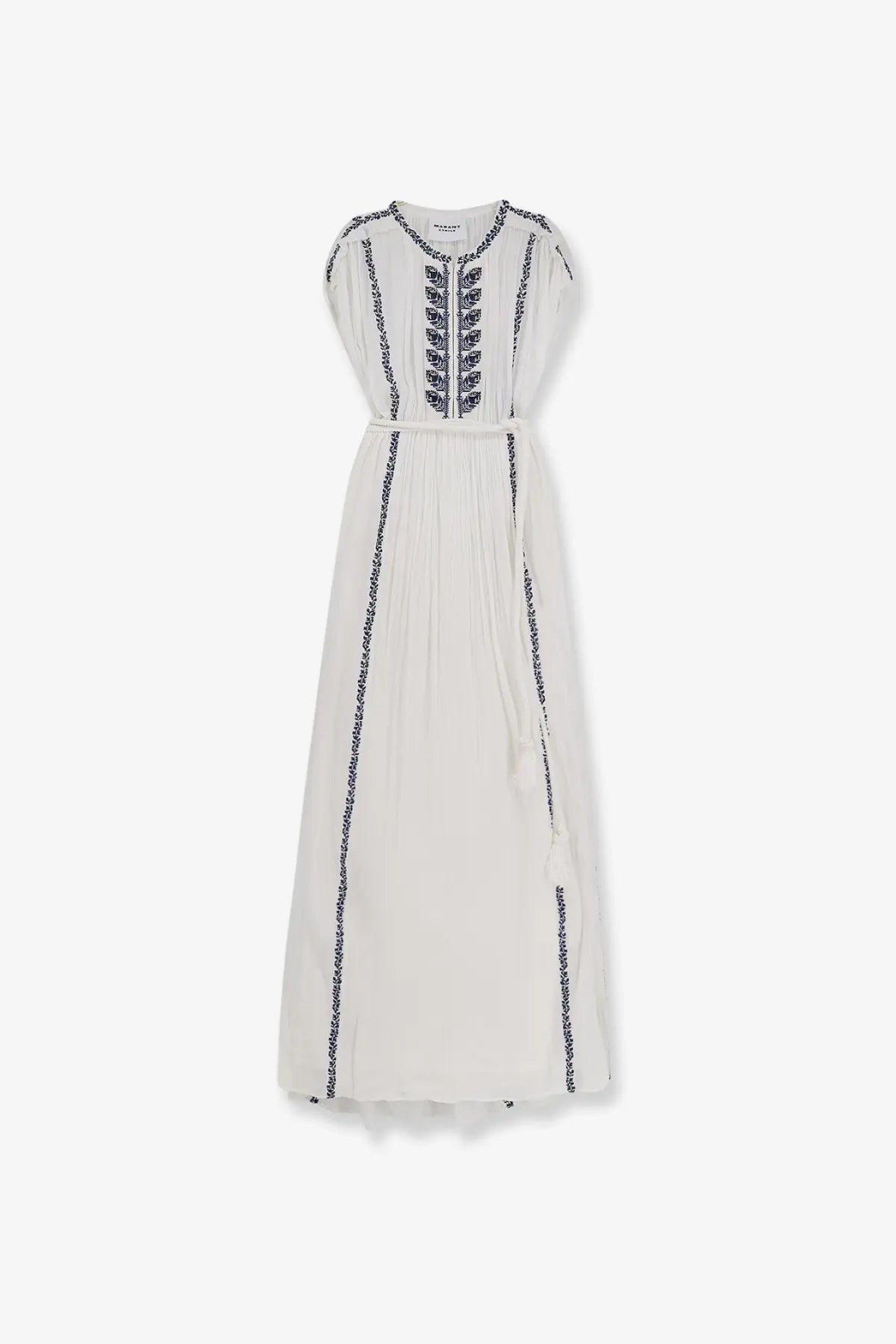 Isabel Marant Étoile women’s off-white flowing maxi dress with black embroidered neckline sleeves and front seams