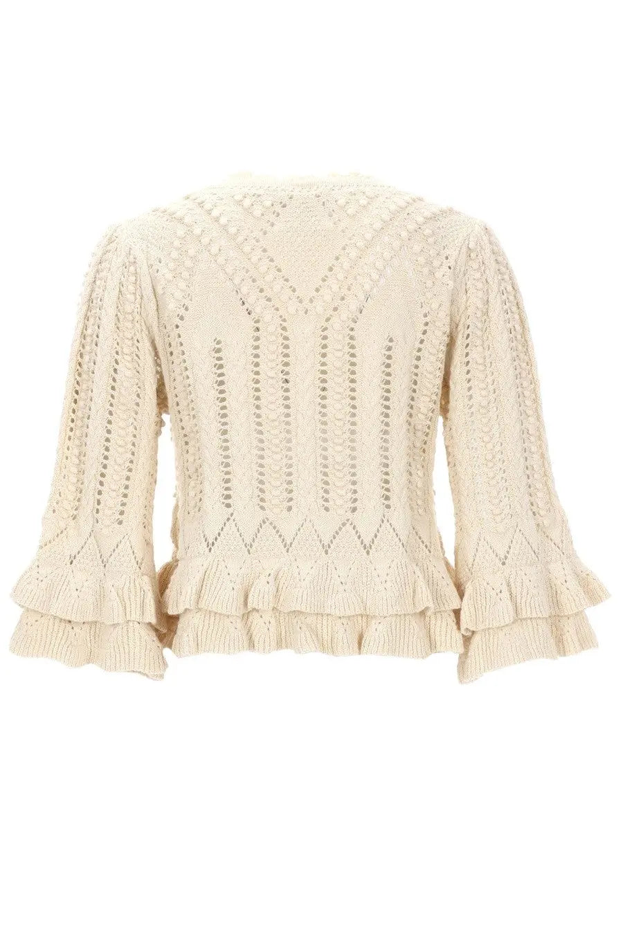 Cream-colored knitted Isabel Marant Étoile women’s maglia norma white cardigan with intricate lace patterns and ruffled cuffs