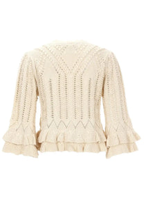 Cream-colored knitted Isabel Marant Étoile women’s maglia norma white cardigan with intricate lace patterns and ruffled cuffs