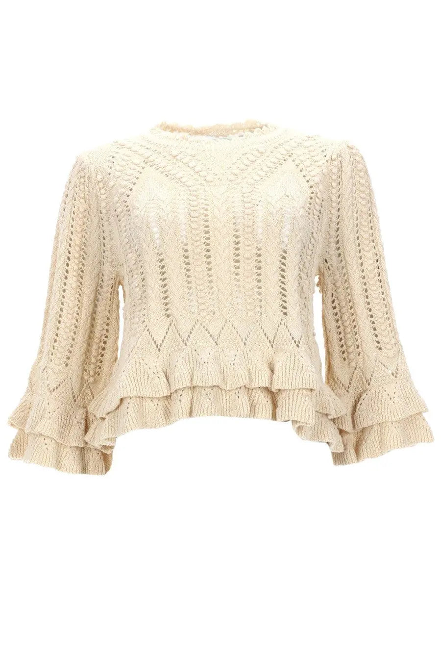 Cream-colored knitted sweater isabel marant étoile with intricate lace patterns and layered ruffles at the hem