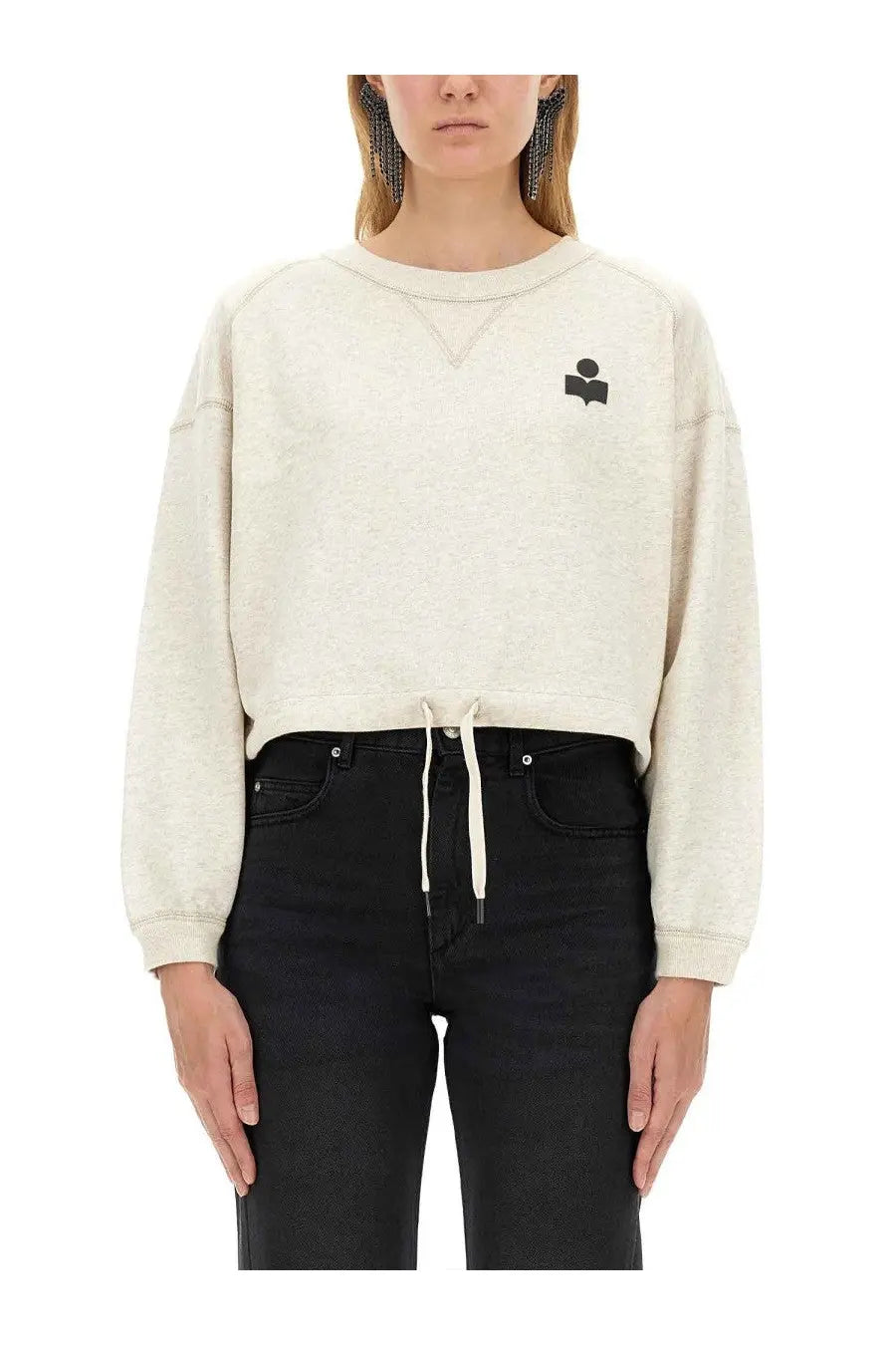 Cream-colored cropped Isabel Marant Étoile women’s Margo sweatshirt with black embroidered logo and white drawstring waist