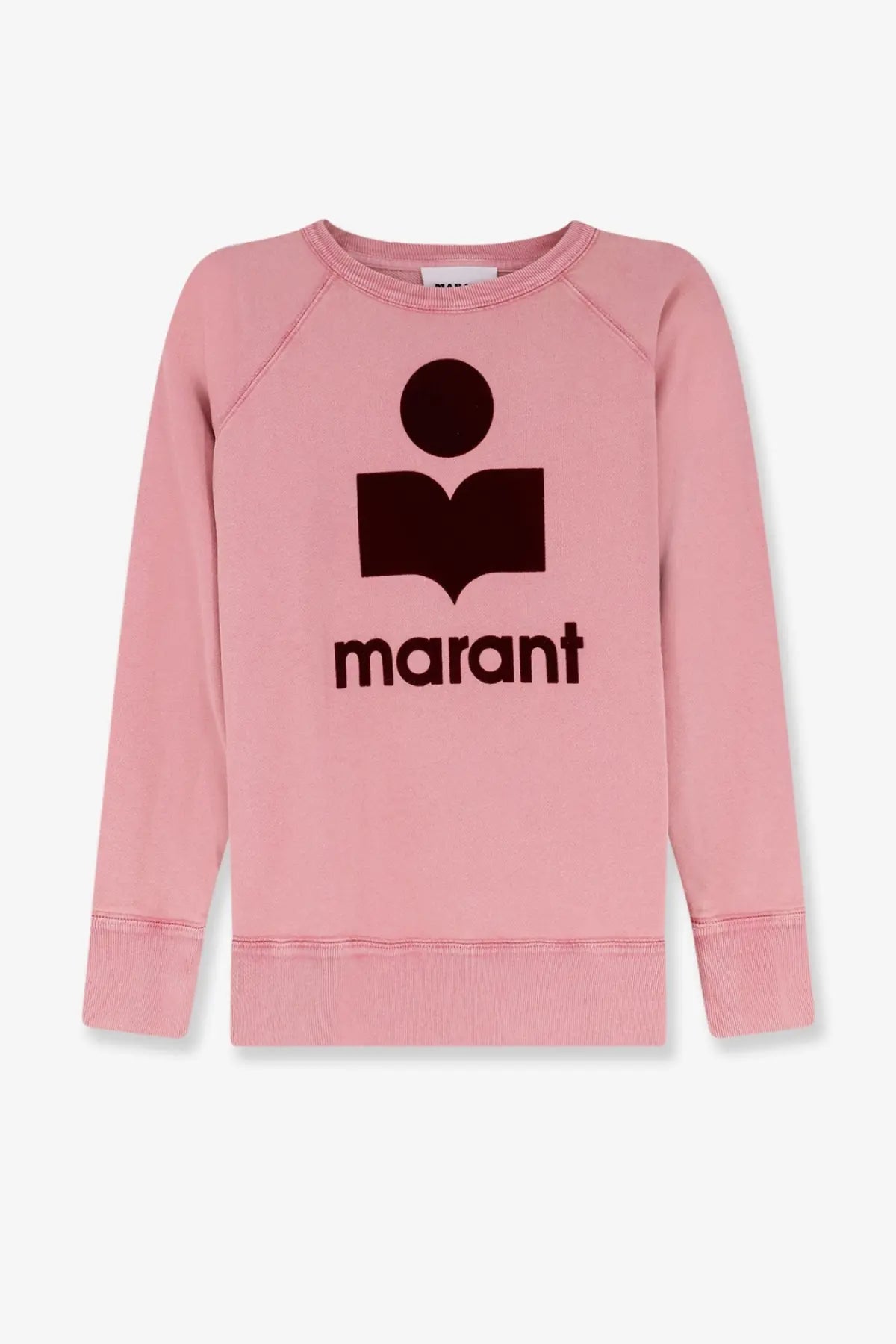 Pink marant sweatshirt in red organic cotton with dark brown graphic of figure holding book above brand name