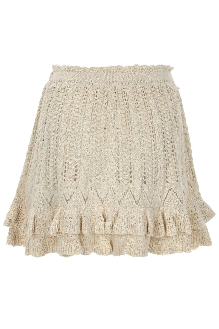 Beige knitted mini skirt with intricate lace-like crochet patterns and layered ruffled hem by isabel marant étoile