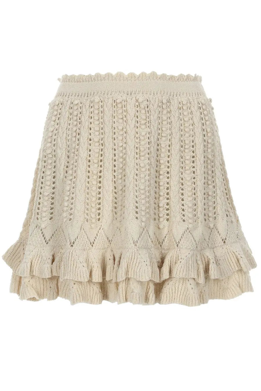 Isabel Marant Étoile women’s beige knitted mini skirt with intricate lace-like patterns and double ruffled hem in crochet white