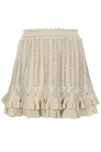 Isabel Marant Étoile women’s beige knitted mini skirt with intricate lace-like patterns and double ruffled hem in crochet white