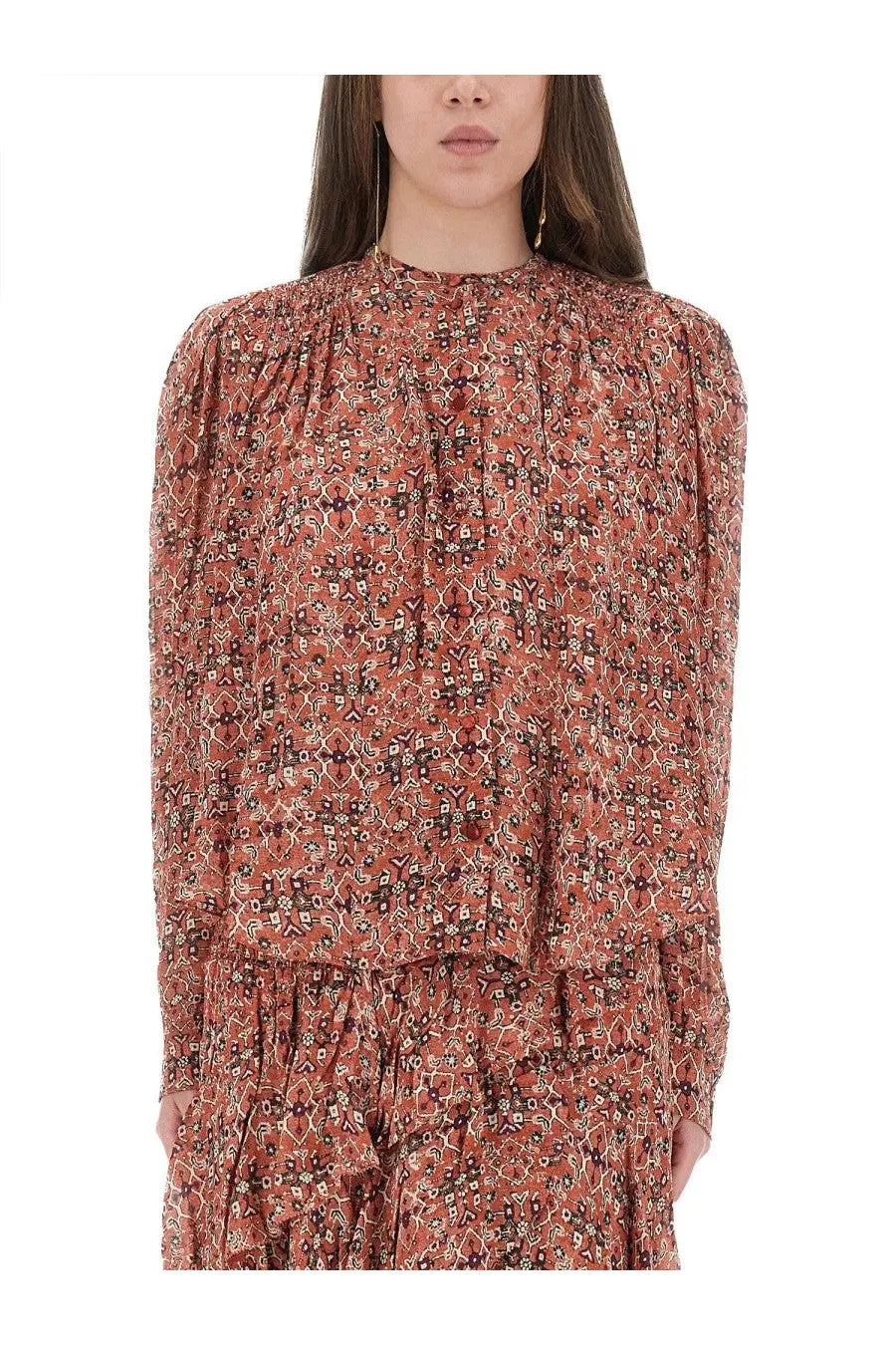 Isabel Marant Étoile women’s Noeline blouse in rust color with long sleeves and delicate geometric floral print