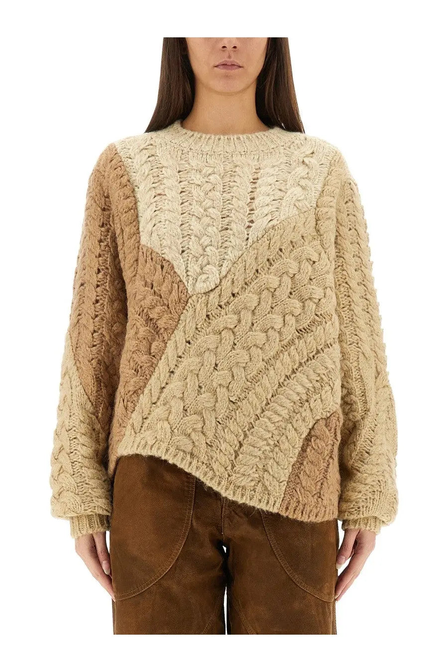 Isabel Marant Étoile women’s beige and tan color-blocked cable-knit chunky sweater with textured patchwork design