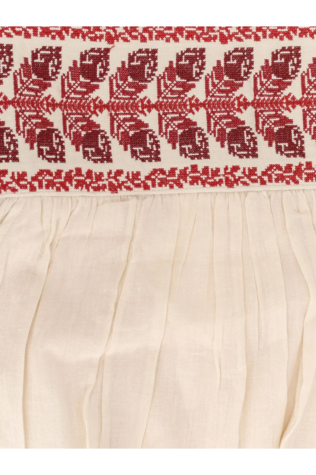 Isabel Marant Étoile women’s beige pleated skirt in certified cotton with red embroidered leaf patterns along the top edge