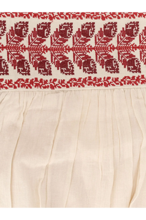 Isabel Marant Étoile women’s beige pleated skirt in certified cotton with red embroidered leaf patterns along the top edge