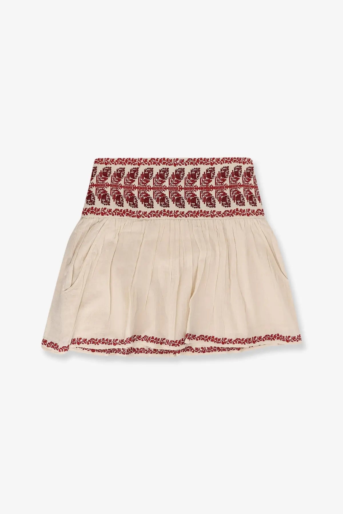 Beige pleated Isabel Marant Étoile women’s Picadilia skirt with red and black embroidered waistband and hem in cotton