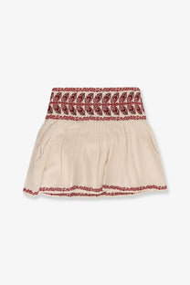Beige pleated Isabel Marant Étoile women’s Picadilia skirt with red and black embroidered waistband and hem in cotton