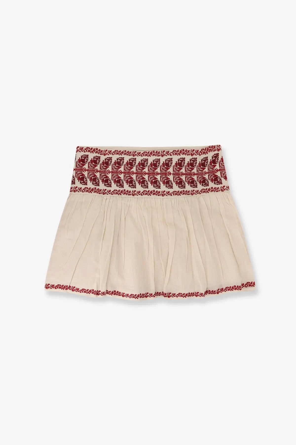 Isabel Marant Étoile women’s beige pleated cotton skirt with red and black embroidered floral patterns on waistband and hem