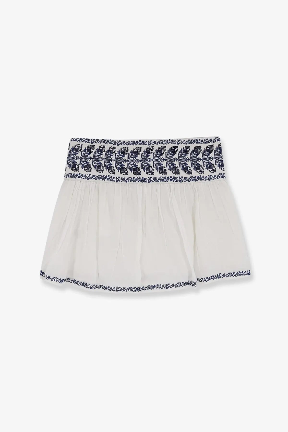 Off-white Isabel Marant Étoile womens Picadilia skirt with smocked waistband and navy blue floral embroidery hem in cotton