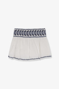 Off-white Isabel Marant Étoile womens Picadilia skirt with smocked waistband and navy blue floral embroidery hem in cotton