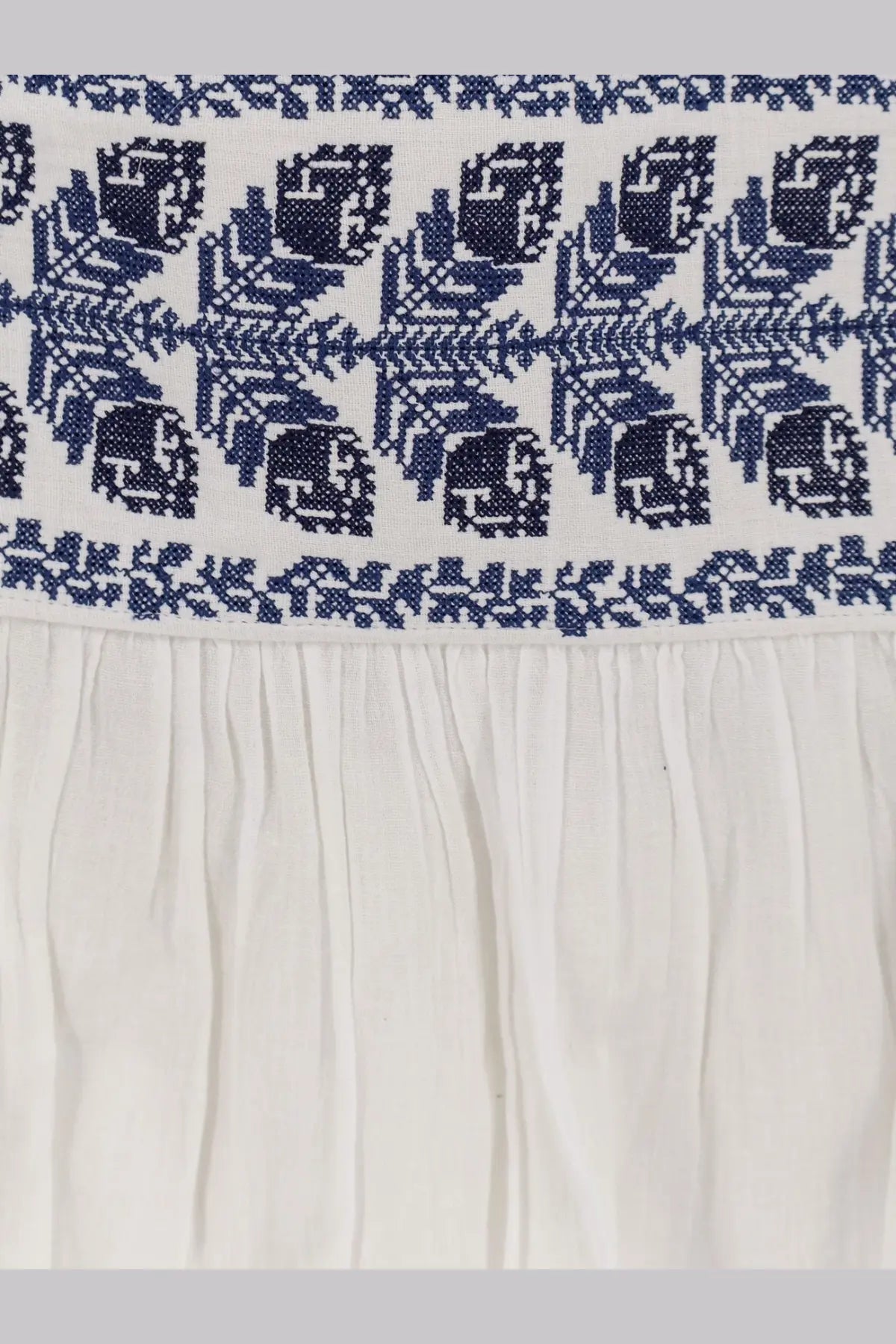 Isabel Marant Étoile white certified cotton skirt with intricate navy blue embroidered patterns along the top edge