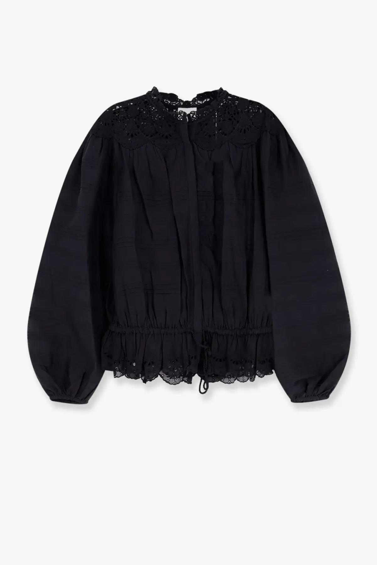 Isabel Marant Étoile women’s black Polly organic cotton blouse with lace neckline and hem, long puffed sleeves, gathered waist