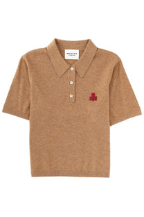 Isabel Marant étoile women’s tan knit polo shirt with red embroidered logo and white buttons in beige althea style