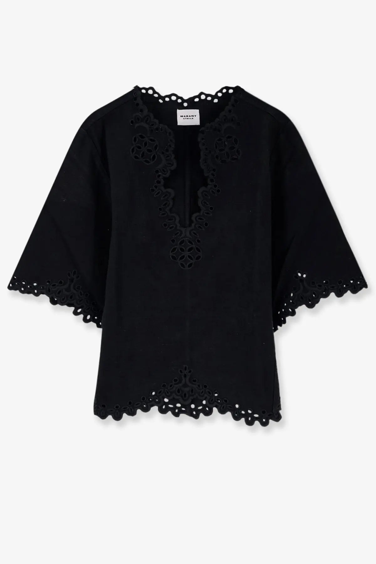 Isabel Marant Étoile women’s black sangallo cotton blouse with delicate lace detailing on neckline sleeves and hem
