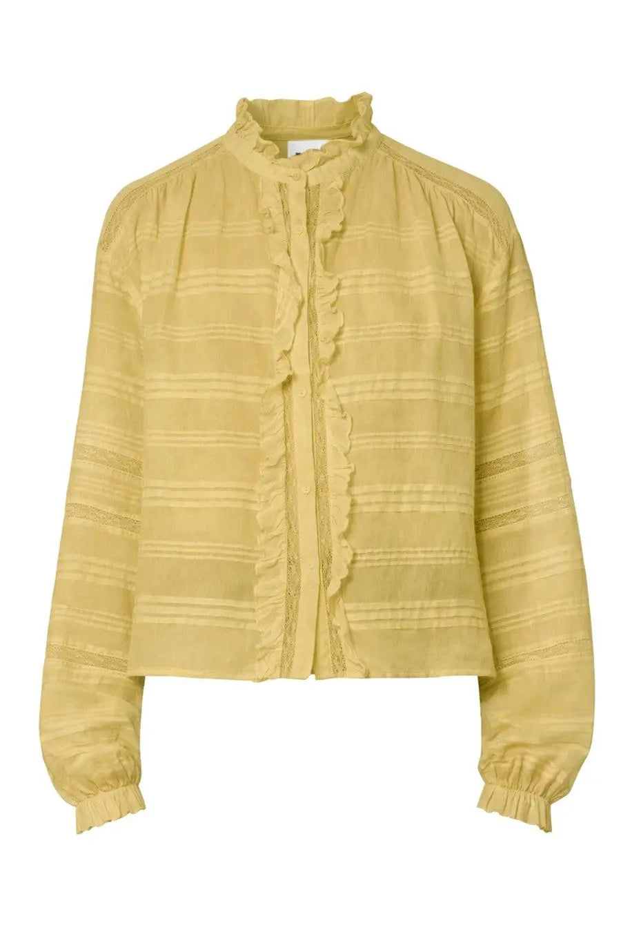 Isabel Marant Étoile women’s pale yellow blouse with horizontal stripes and ruffled detailing on front placket cuffs and collar