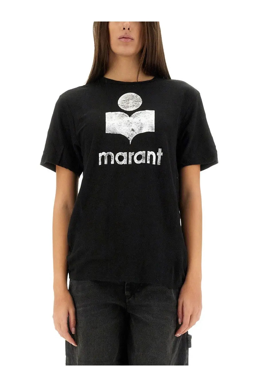 Isabel marant étoile women’s black short-sleeved t-shirt with distressed white graphic logo and marant text