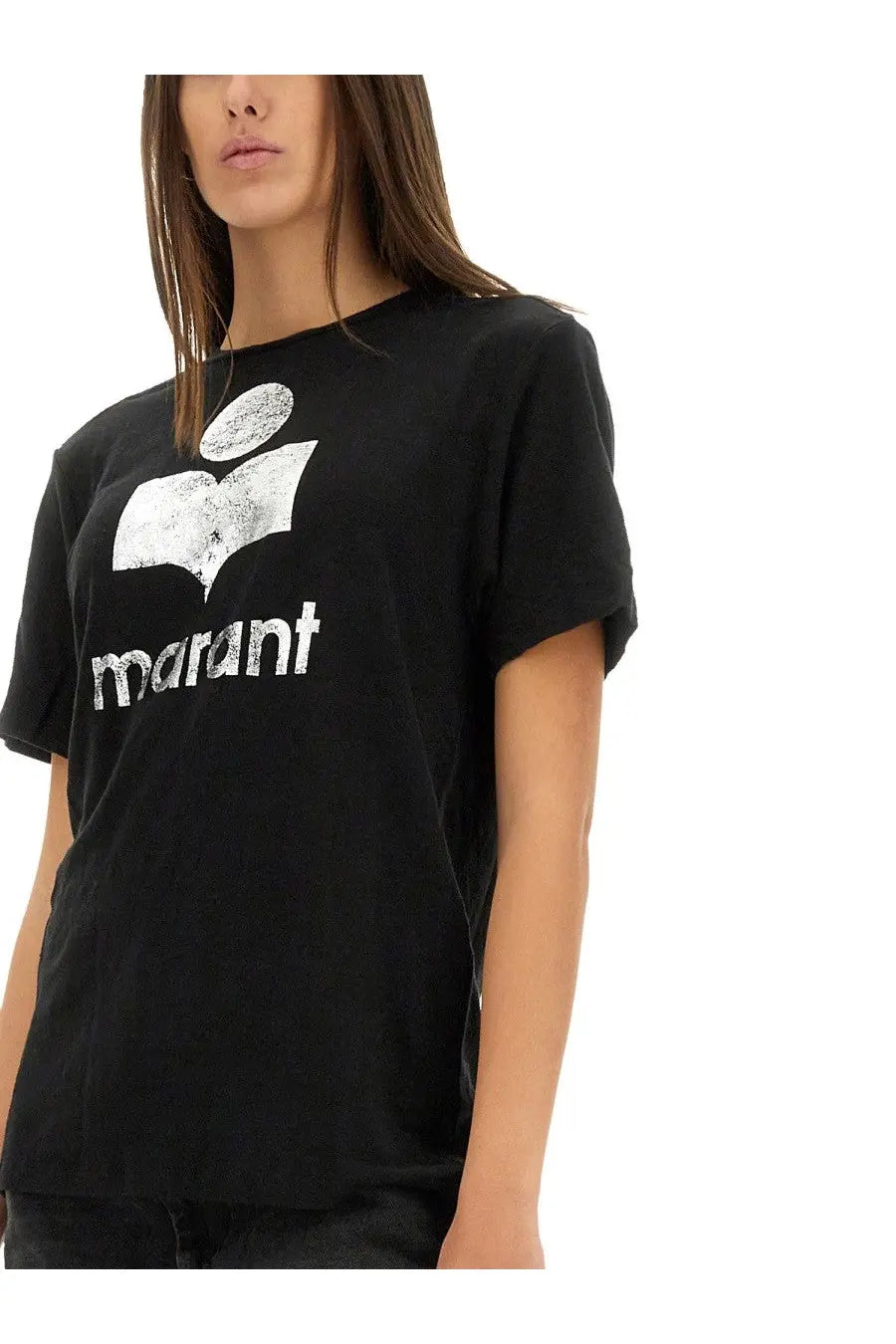 Isabel Marant étoile women’s black short-sleeved t-shirt with distressed white marant logo across the chest