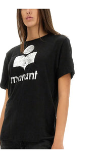Isabel Marant étoile women’s black short-sleeved t-shirt with distressed white marant logo across the chest