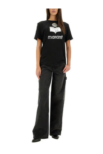 Isabel Marant Étoile women’s black short-sleeved cotton t-shirt with white open book graphic and marant print