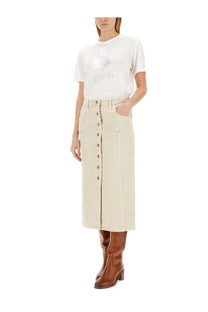 Beige denim midi skirt with central button closure and side pockets paired with isabel marant étoile white shirt