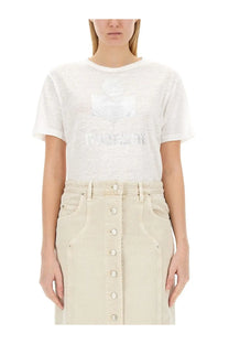 Isabel Marant Étoile women’s white cotton t-shirt with a subtle metallic silver logo print across the chest