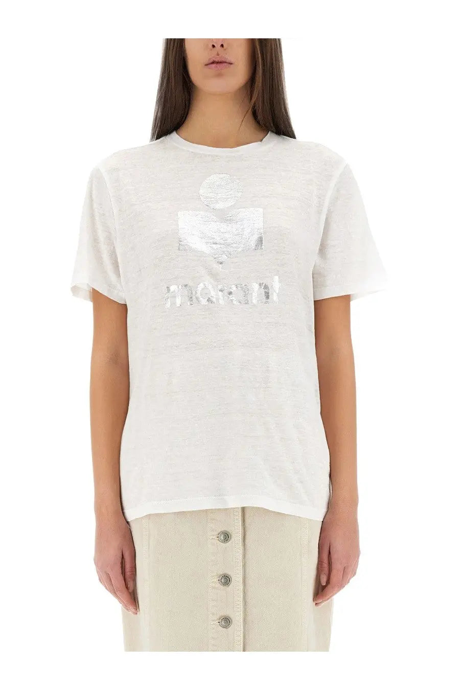Isabel Marant Étoile women’s white short-sleeved t-shirt with silver metallic logo and brand name on chest