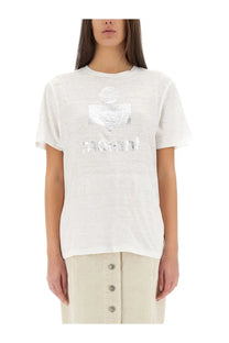 Isabel Marant Étoile women’s white short-sleeved t-shirt with silver metallic logo and brand name on chest