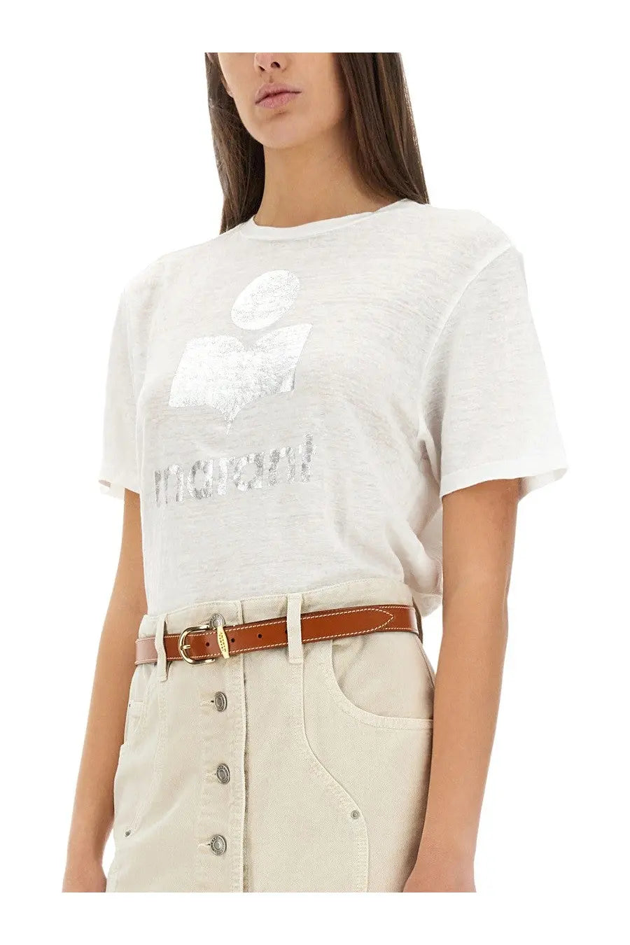 Isabel Marant Étoile women’s white short-sleeved t-shirt with silver metallic logo and text across the chest
