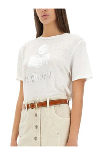 Isabel Marant Étoile women’s white short-sleeved t-shirt with silver metallic logo and text across the chest