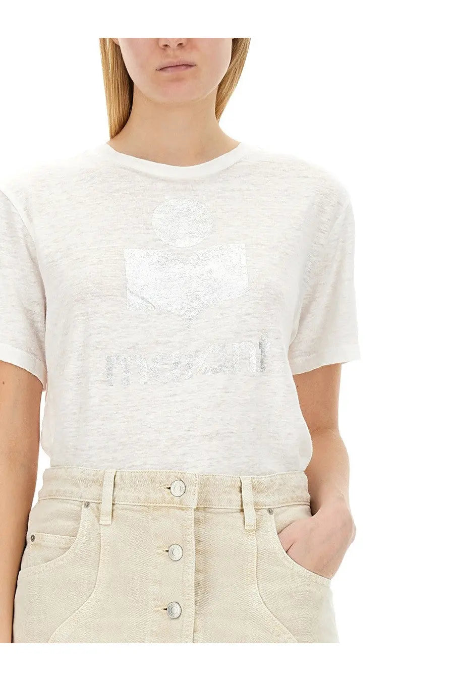 Isabel Marant Étoile women’s white cotton t-shirt with slight texture and subtle silver foil logo on the chest