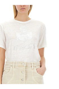 Isabel Marant Étoile women’s white cotton t-shirt with slight texture and subtle silver foil logo on the chest