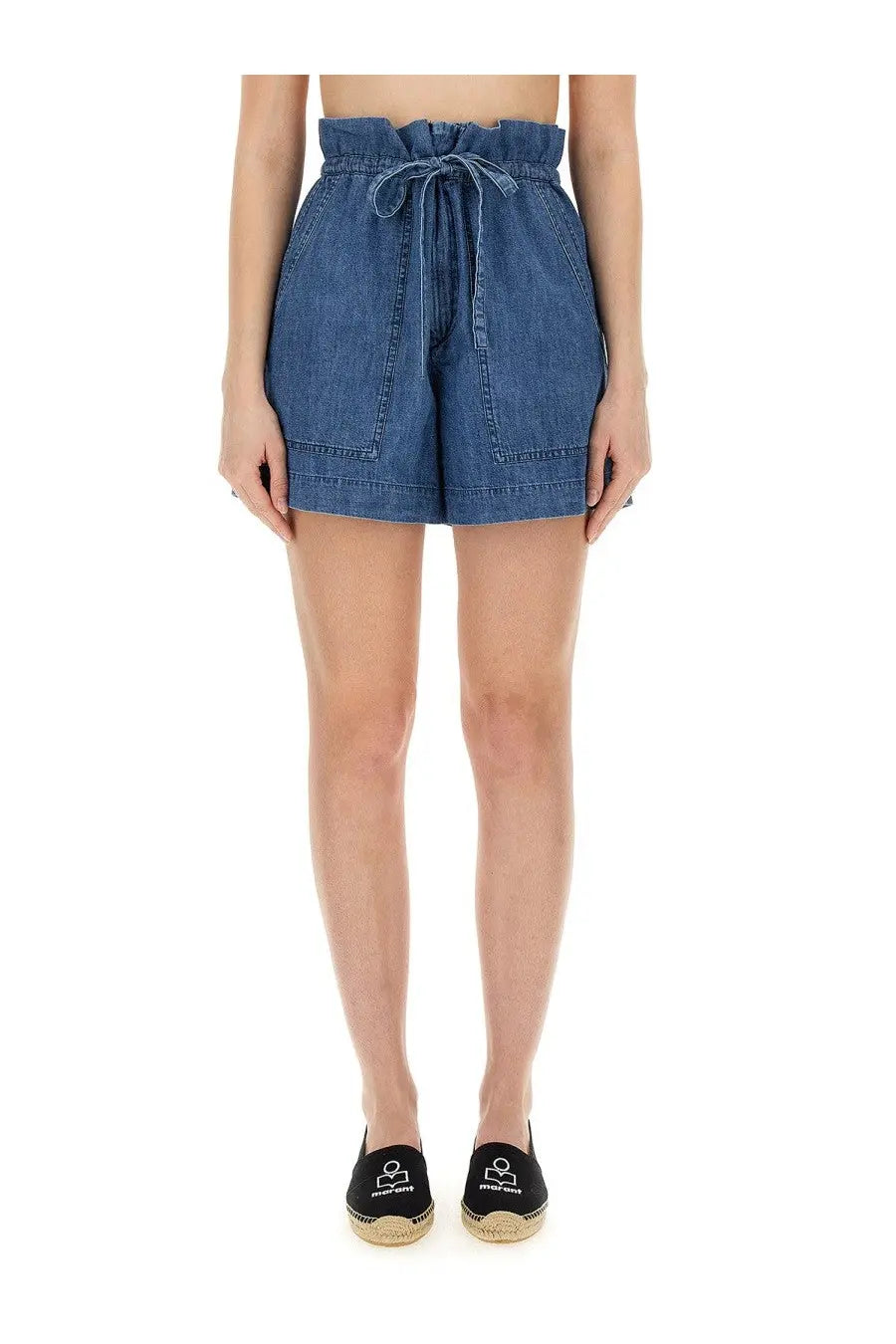 Isabel Marant Étoile women’s high-waisted denim shorts in medium blue wash with drawstring waistband and front pockets