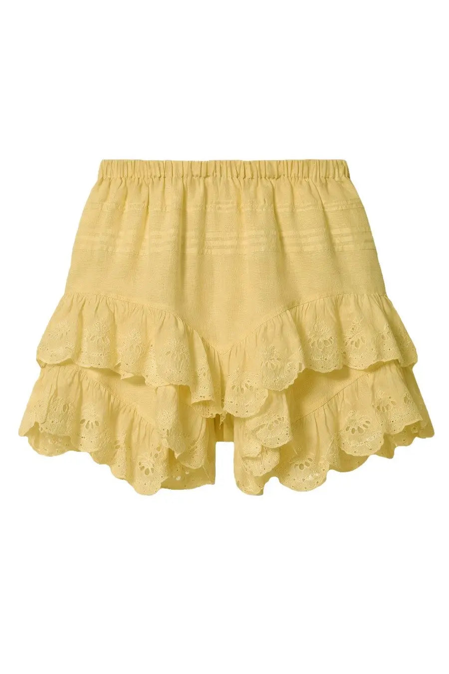 Isabel Marant Étoile women’s pale yellow tiered lace shorts with eyelet detailing and elastic waistband